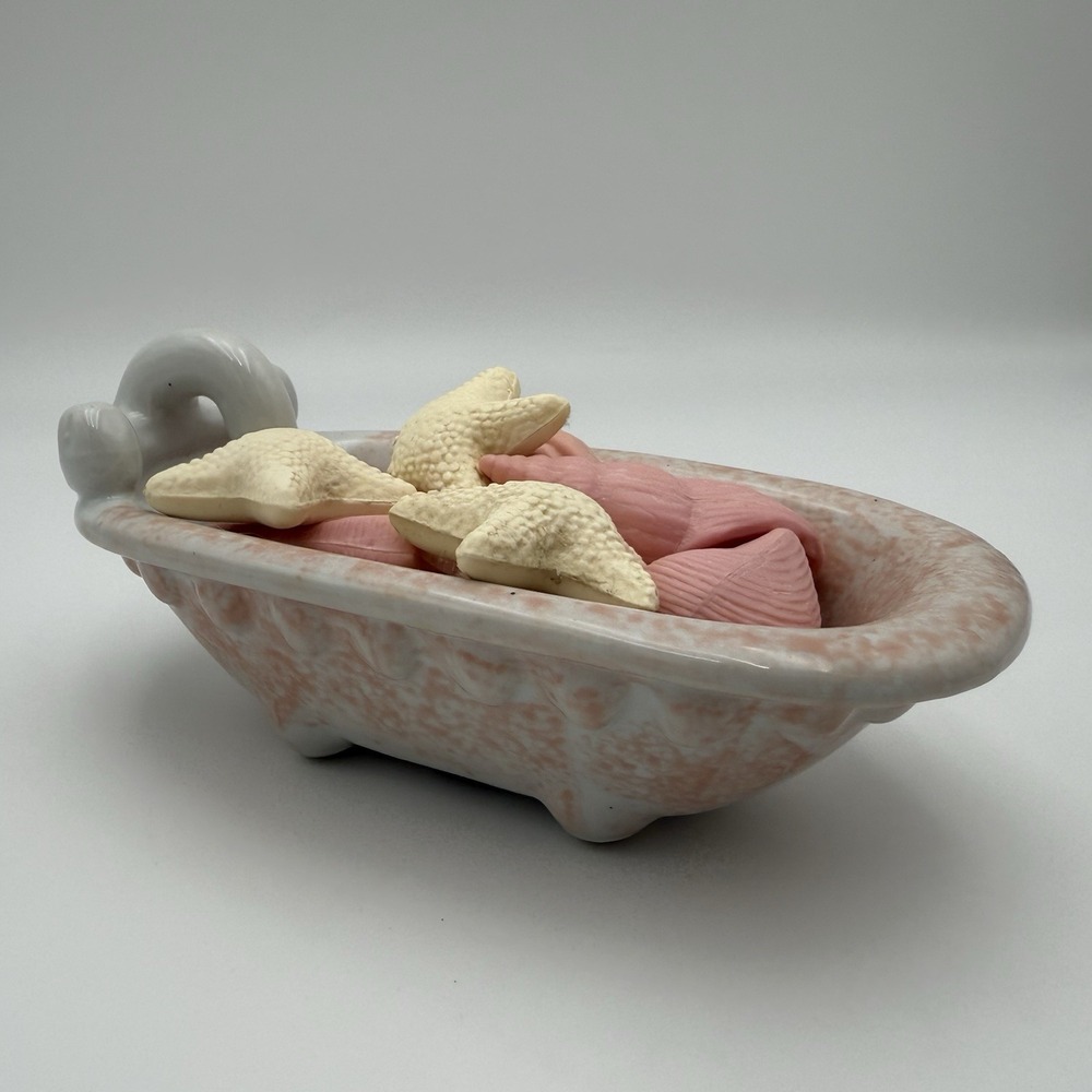 Vtg Ceramic Bathtub Pink Soap Sponge Dish Cottage Farmhouse Trinket & Shell Soap